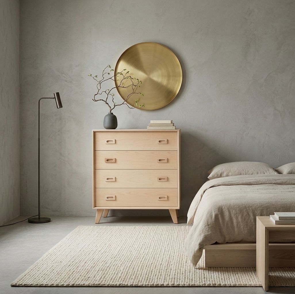 Commode scandinave 4 tiroirs avec pieds compas dans une chambre