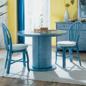 Table ronde bleue en rotin avec allonges