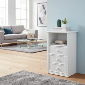 Chiffonnier 3 tiroirs avec niche en rotin couleur blanc