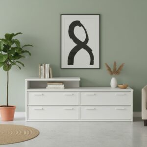 Commode blanc design avec 4 tiroirs et une niche