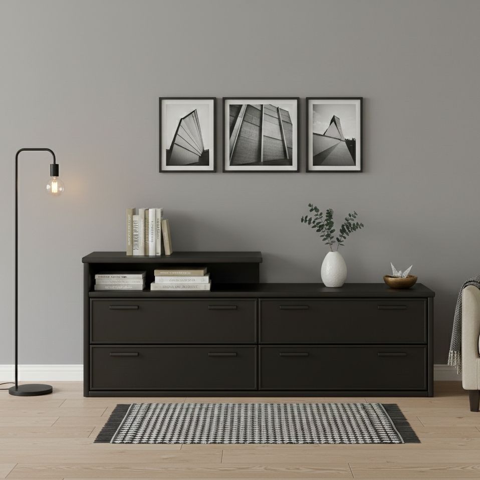 commode design en bois et rotin noir Commode contemporaine noire 4 tiroirs et une niche