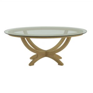 Table ovale avec pieds en rotin et plateau en verre