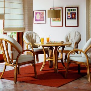 Petite table ronde et fauteuils en rotin naturel