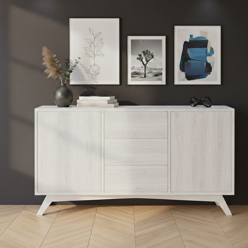 buffet 150 cm style scandinave bois blanc Buffet 2 portes 3 tiroirs style scandinave bois blanc