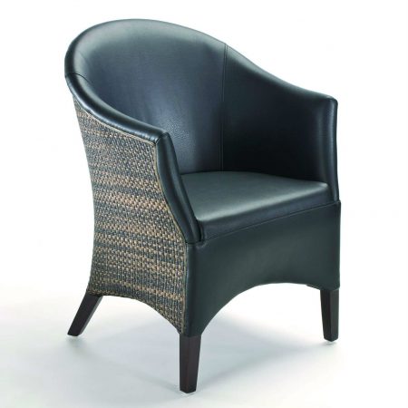 Fauteuil bridge simili cuir noir avec dossier lloyd loom