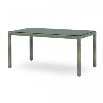 Table rectangulaire taupe en aluminium et résine tressée avec plateau en verre