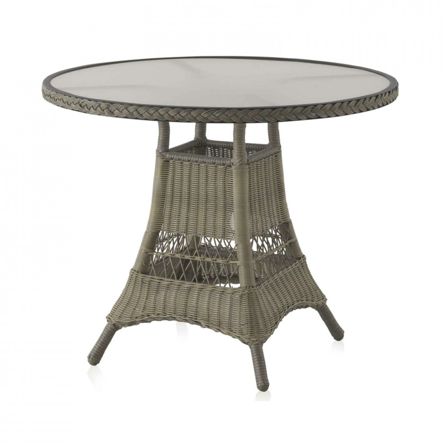 Table ronde aluminium et résine tressée taupe avec plateau en verre de diamètre 90 cm