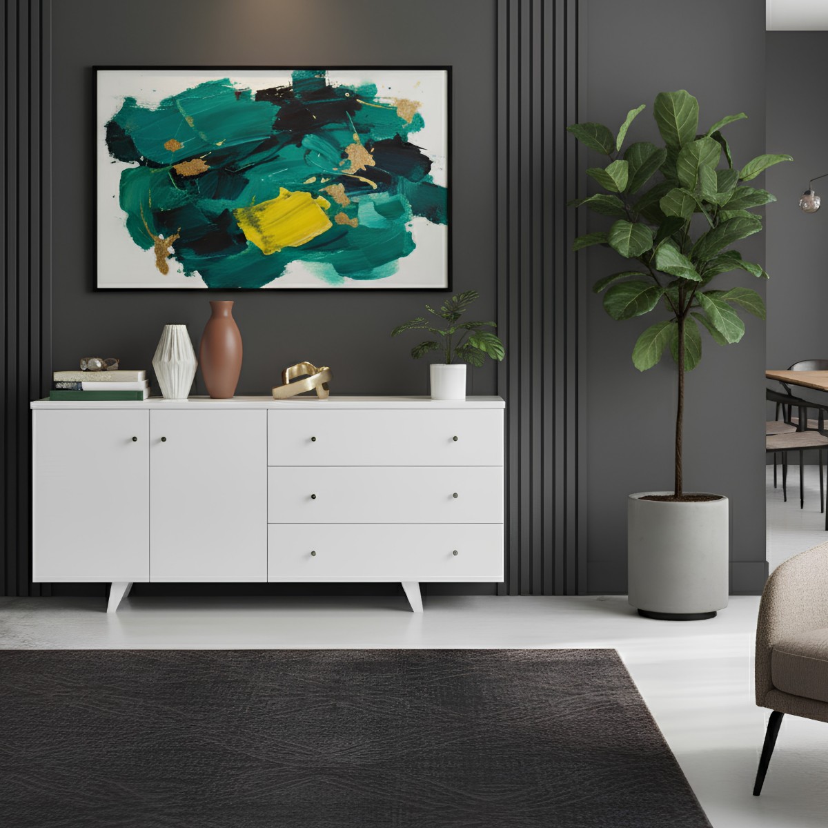 buffet scandinave laqué blanc 2 portes 3 tiroirs Buffet design laqué blanc avec pieds compas