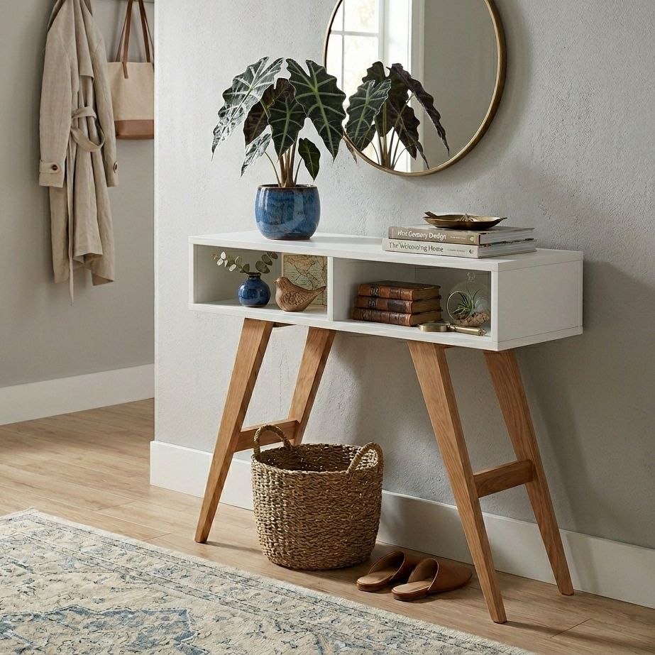 console scandinave blanche avec niches Console d'entrée 2 niches scandinave avec pieds bois