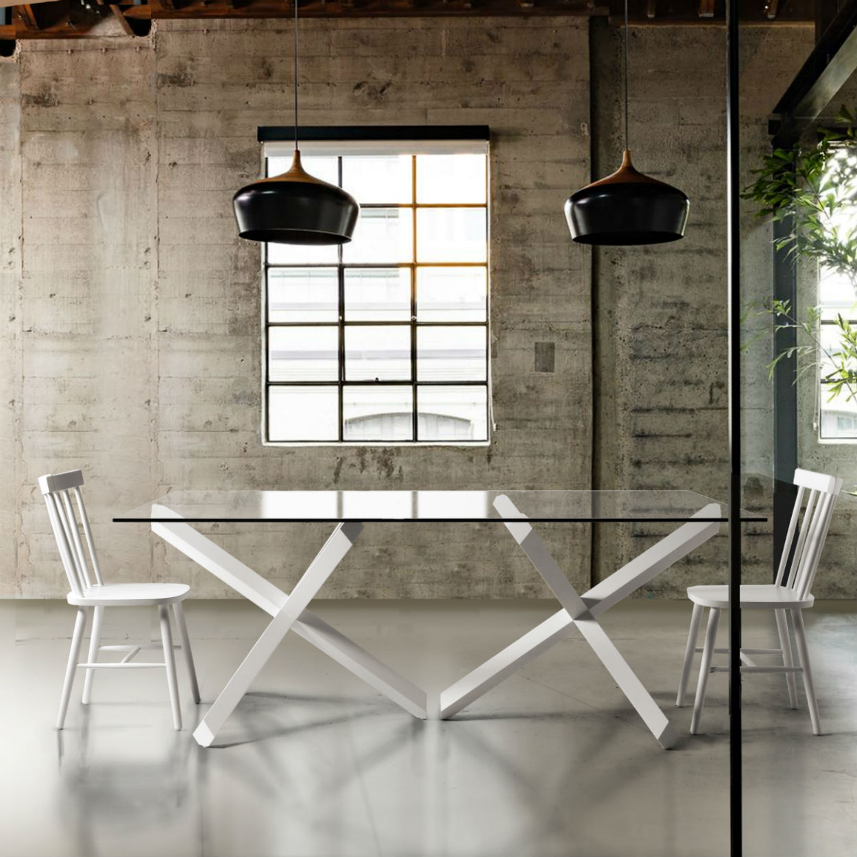 Table de salle à manger moderne rectangulaire plateau verre et pieds blancs avec chaises blanches