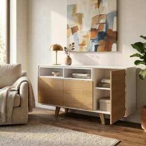 Meuble buffet de salle à manger en bois pieds compas avec portes et niches