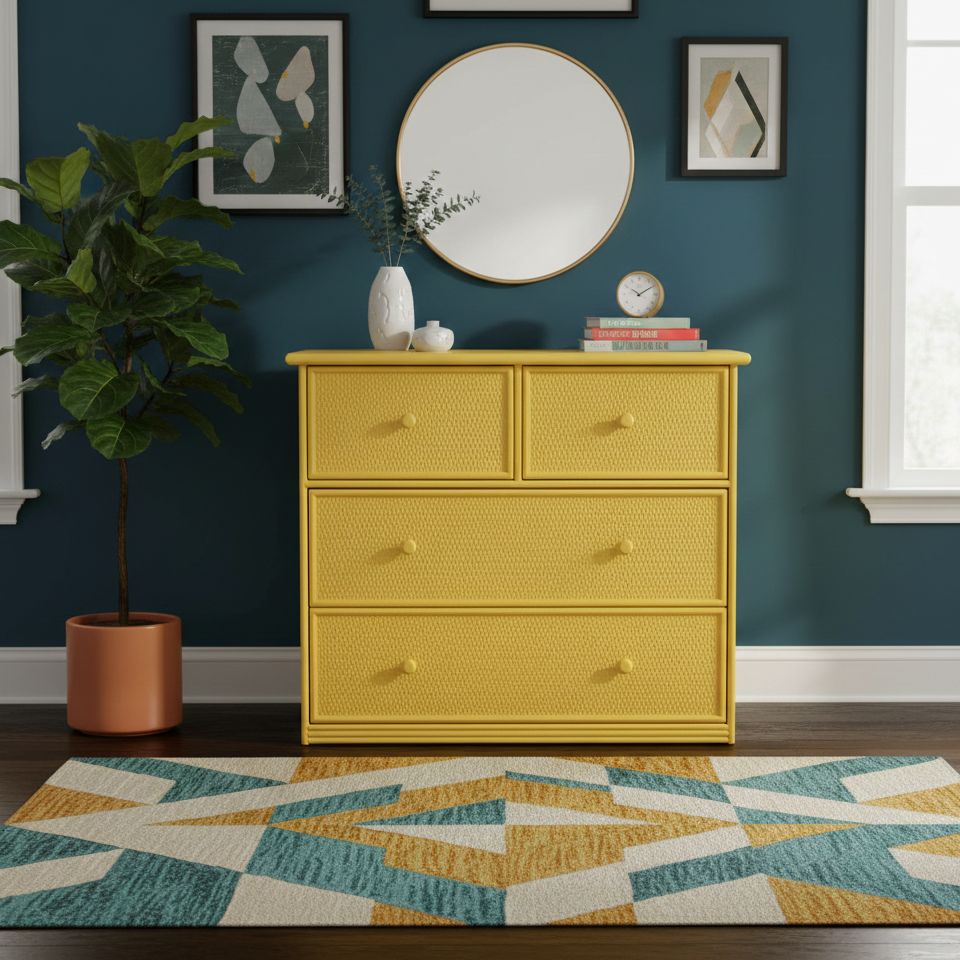 commode jaune en rotin 4 tiroirs Commode en rotin jaune 2 petits tiroirs et 2 grands tiroirs