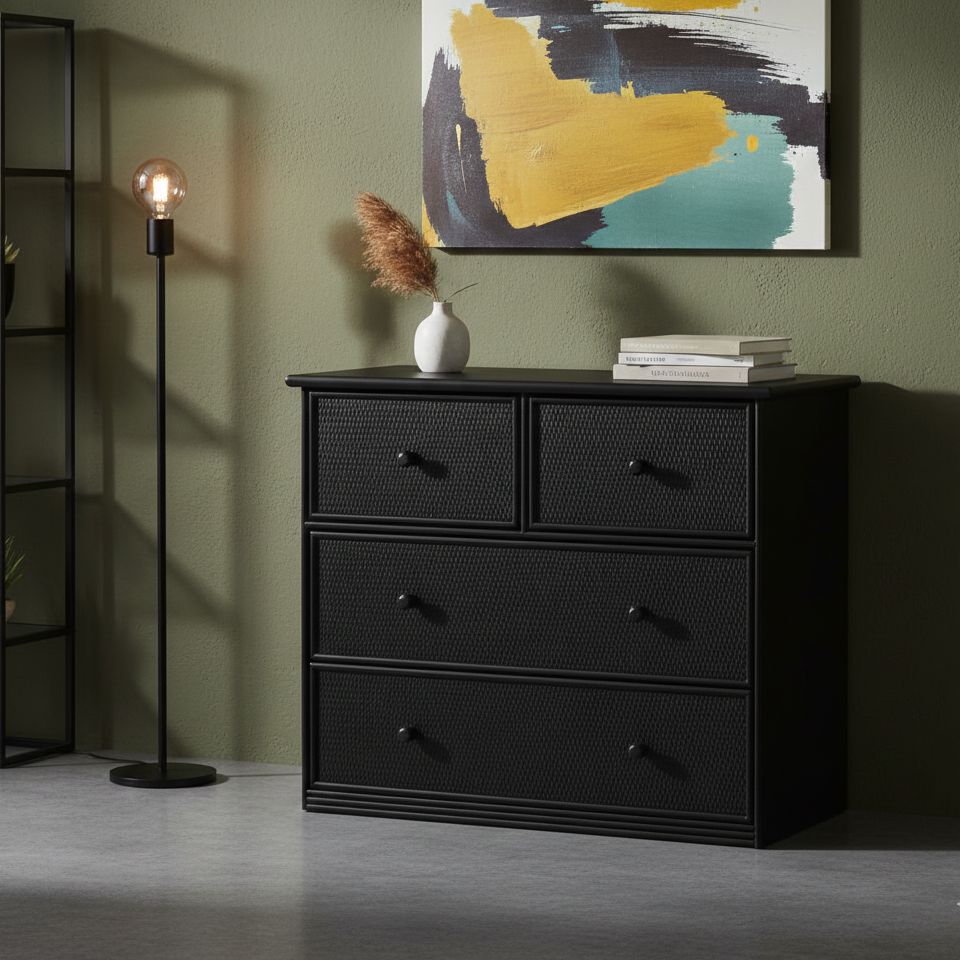 commode rotin 4 tiroirs noire Commode pour la chambre en rotin 4 tiroirs noire