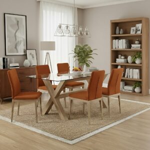 Table de salle à manger rectangulaire pieds en bois massif et plateau en verre