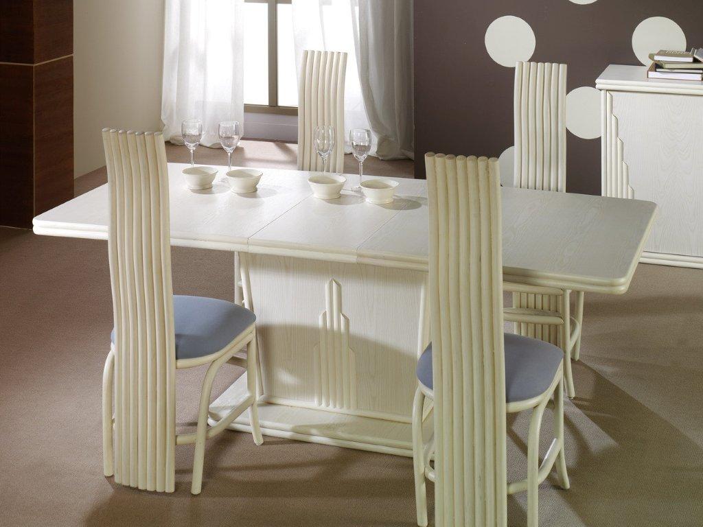 Table de salle à manger moderne avec allonge en bois et rotin