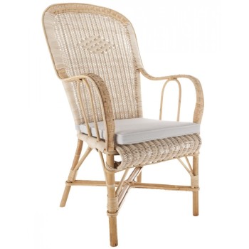 Fauteuil rotin dossier haut vintage avec coussin