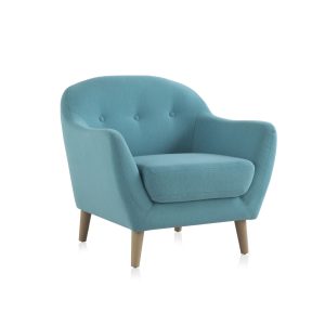 Fauteuil scandinave tissu bleu pieds bois