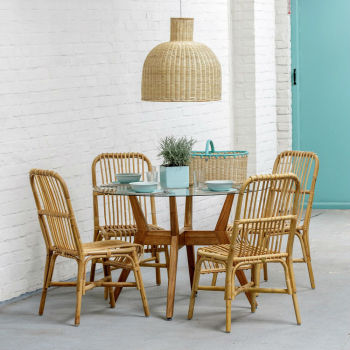 Chaises en rotin naturel vintage avec table plateau verre