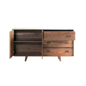 Buffet scandinave en noyer pieds compas avec 1 étagère 2 portes et 3 tiroirs