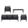 Canapé 3 places, deux fauteuils et une table basse en aluminium gris