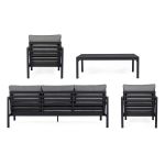 Canapé 3 places, deux fauteuils et une table basse en aluminium gris