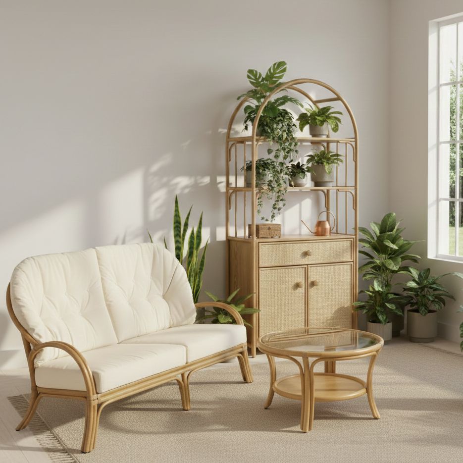 canape de veranda 3 places en rotin naturel Canapé haut de gamme 3 places en rotin avec coussins