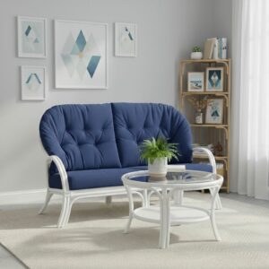 Canapé blanc en rotin 3 places avec coussins bleu