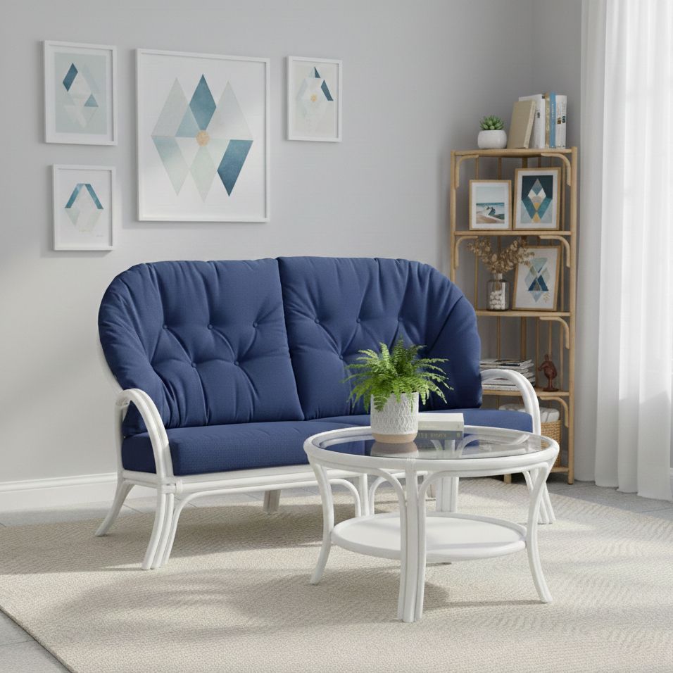 canape rotin blanc 3 places avec coussin bleu Canapé blanc en rotin 3 places avec coussins bleu