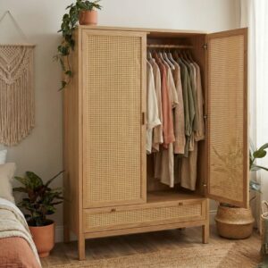 Armoire 2 portes cannage et bois naturel