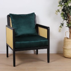 Fauteuil bois noir et cannage naturel avec coussin