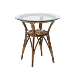 Table guéridon design en rotin avec verre