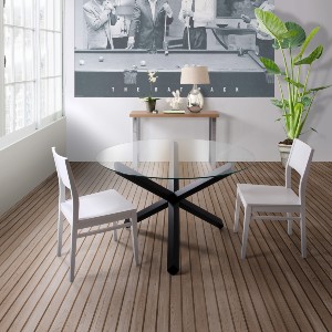 Table ronde pieds croisés en bois et plateau verre