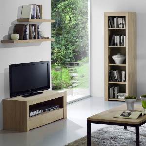 Meuble tv en chêne avec niche et tiroirs avec table basse et bibliothèque en chêne