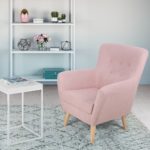 Fauteuil scandinave tissu rose avec pieds en bois massif