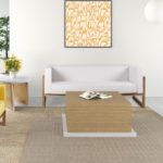 Canapé design de salon 3 places bois naturel et coussins blanc