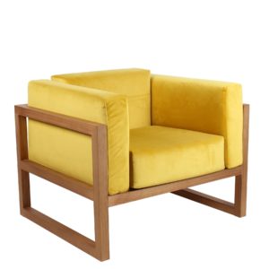 Fauteuil en bois massif design avec coussin jaune