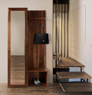 Meuble vestiaire pour l'entrée couleur noyer avec miroir patères et rangement pour chaussures