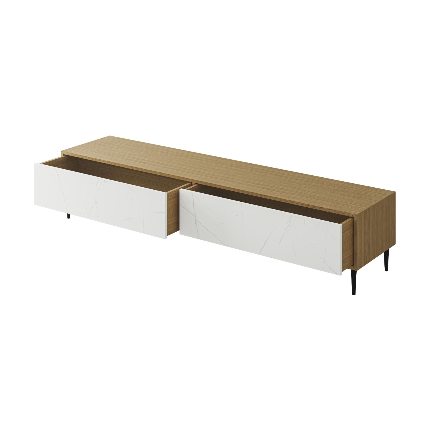 Meuble TV moderne 180cm avec table basse et étagère Varnus Bois et Effet  marbre Blanc