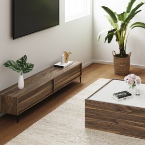 Meuble TV moderne 180cm avec table basse et étagère Varnus Bois et Effet  marbre Blanc