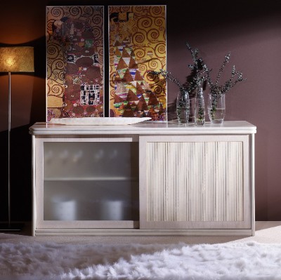 Buffet design en bois et rotin porte coulissante