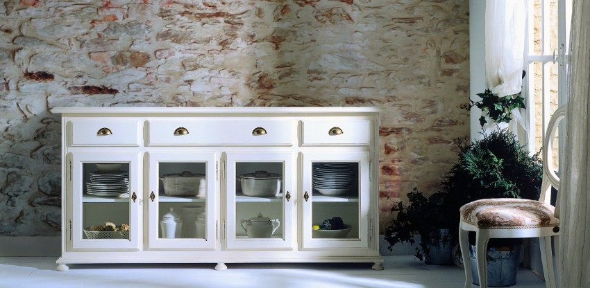 Grand buffet bahut de rangement blanc avec portes vitrées