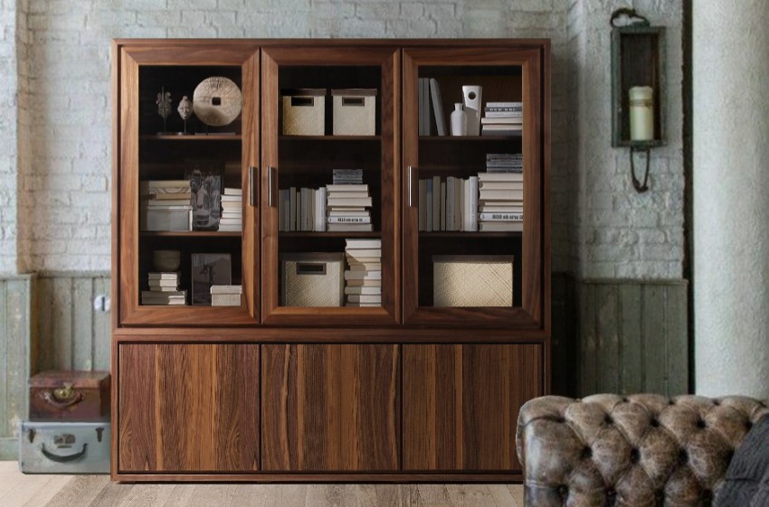 Meuble buffet enfilade avec vitrine en bois couleur noyer