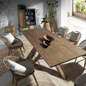 Table de salle à manger bois massif rectangulaire avec fauteuils de table en rotin