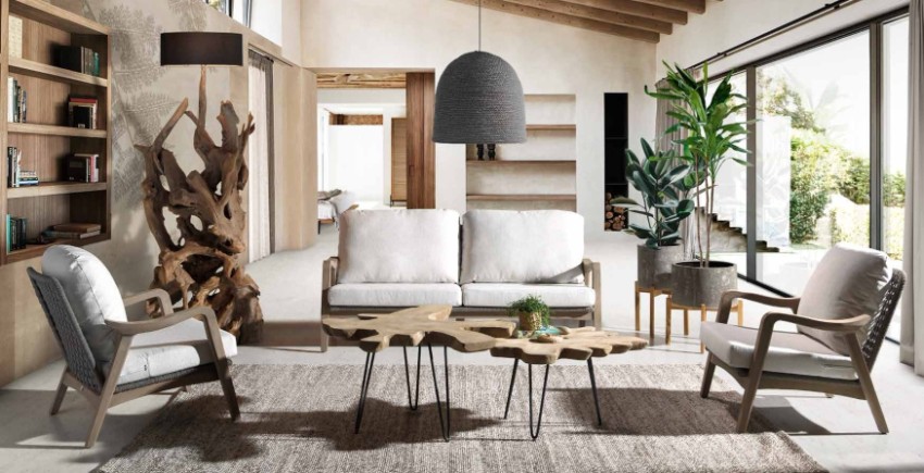 Canapé avec fauteuils de salon et tables basses en bois massif