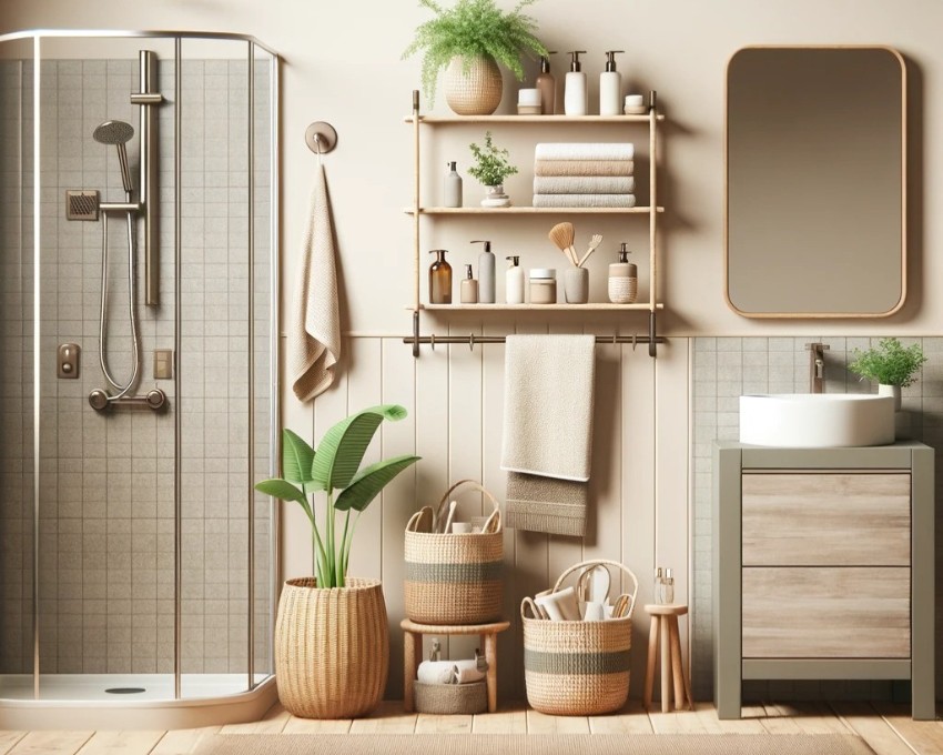 Salle de bain style moderne avec étagère en rotin murale