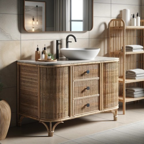 Commode et étagères rotin de salle de bain