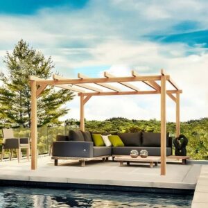 Pergola en bois autoportée près d'une piscine