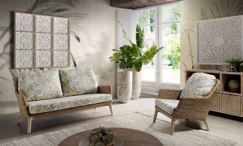 Canapé et fauteuil de salon en rotin tressé avec pieds en bois