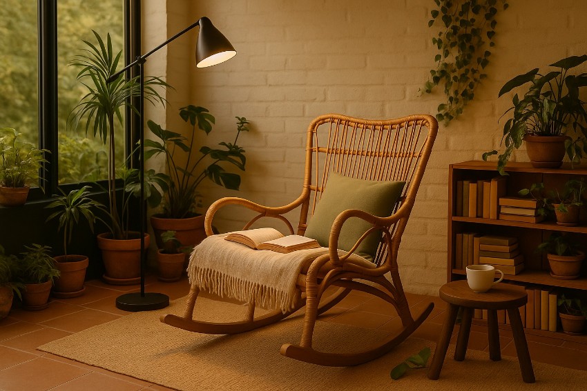 Rocking chair confortable en rotin pour coin lecture