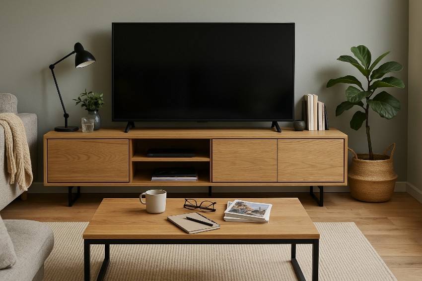 Meuble tv chêne naturel largeur 240 cm pour grand écran
